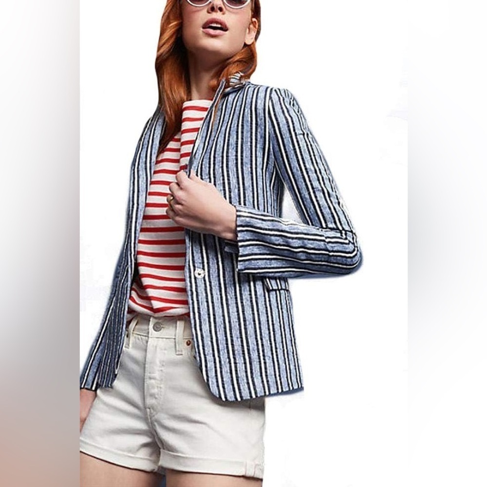 Melissa Nepton Yani Striped Blazer Button Up Blue Striped Light Weight Size Xs